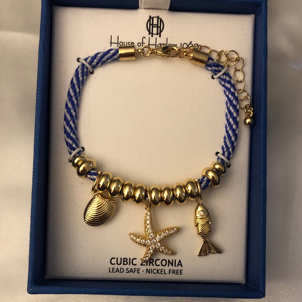 House of Harlow 1960 Blue & White Cord Bracelet Shell, Fish & Starfish Charm NIB